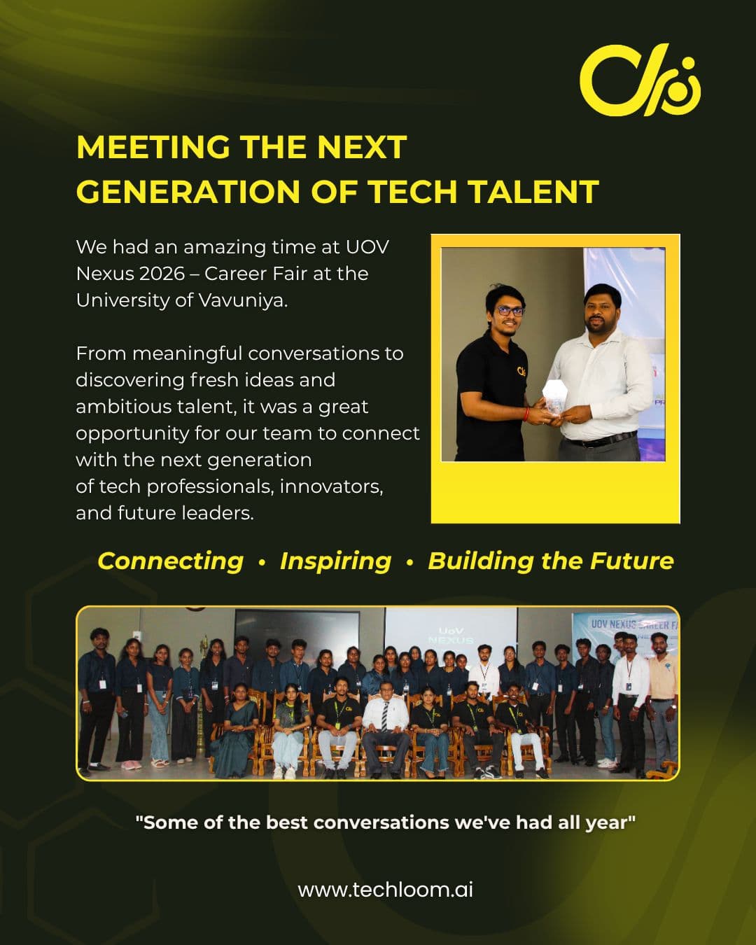 Techloom.ai poster from UoV NEXUS 2026 Career Fair at the University of Vavuniya