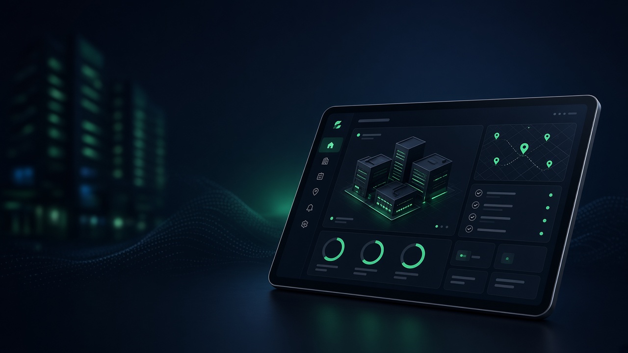 KAIONEX EMS dashboard on a tablet in the dark green product theme