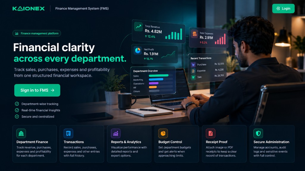 KAIONEX FMS finance workspace with revenue, expenses, and department reports