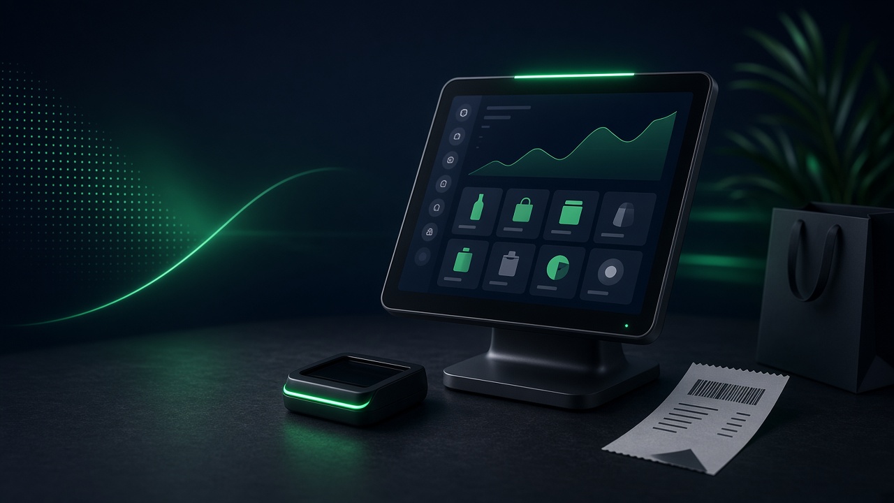 KAIONEX POS terminal with a green checkout dashboard